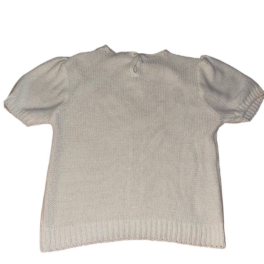 Vintage White Knit Puff Sleeve Knit Sweater Pearl Button Short Sleeve Size M - Picture 2 of 11